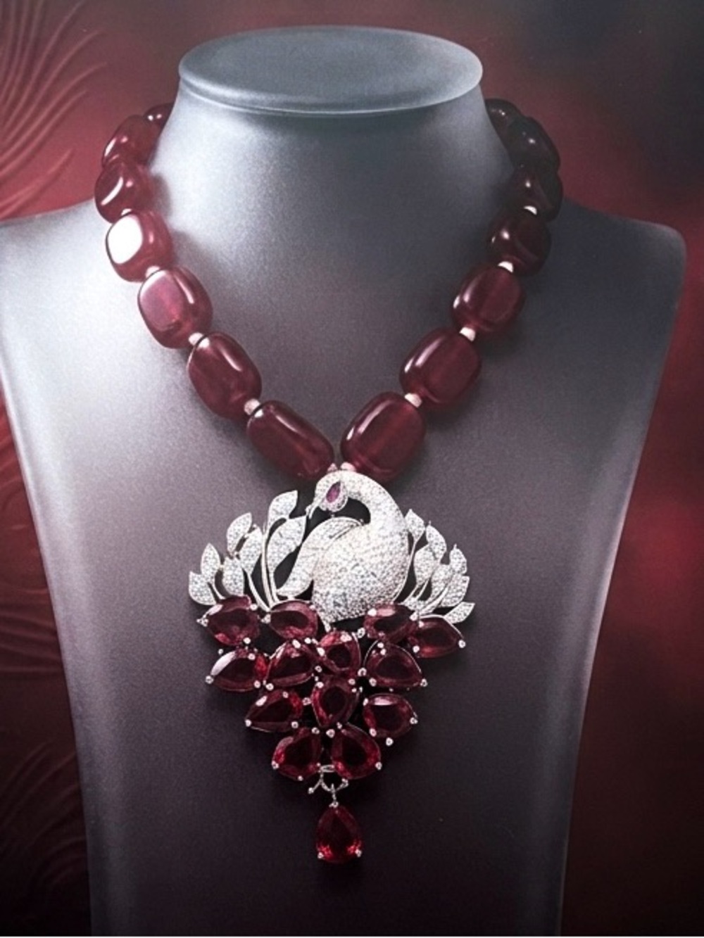 Deep Red Beaded Necklace with Crystal Swan Pendant - Women Jewelry